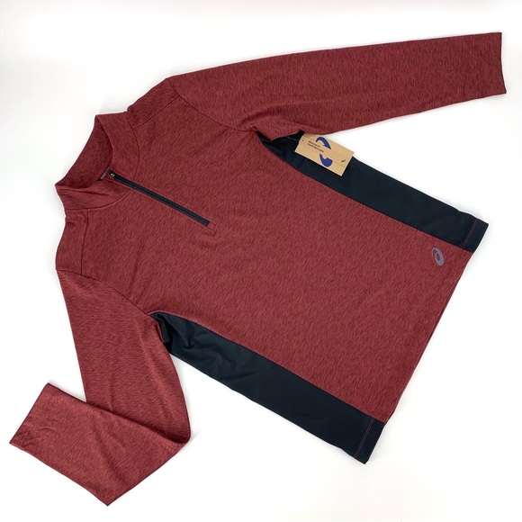 Asics NWT Mens' Heathered Red Cold Weather 1/4 Zip Long Sleeve Shirt, Medium - Picture 2 of 15